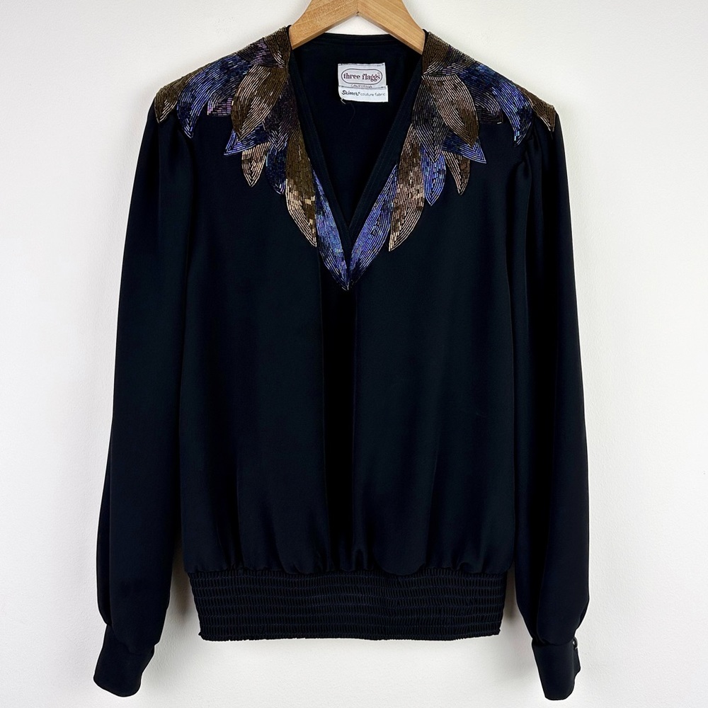 Three Flaggs 80's Vintage Beaded Collar Blouse